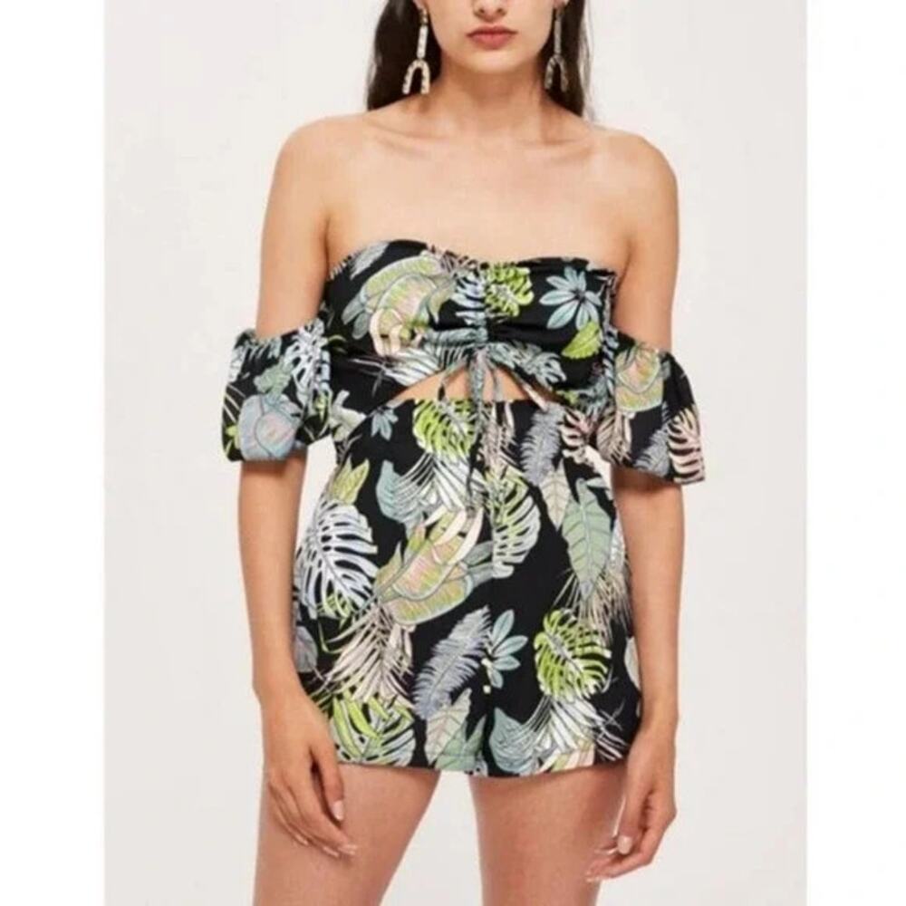LF Love Tropical Leaf Print Cut Out Off Shoulder Romper Black XS